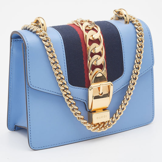 Luxury Gucci Light Blue Leather Mini Chain Sylvie Crossbody Bag