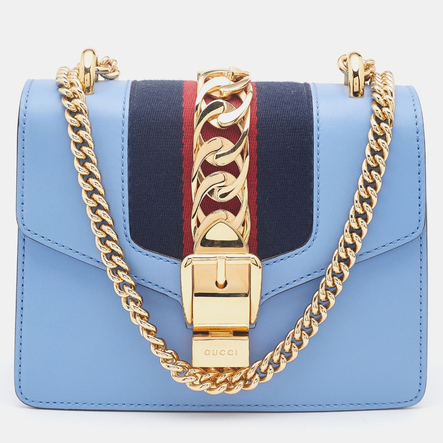 Luxury Gucci Light Blue Leather Mini Chain Sylvie Crossbody Bag