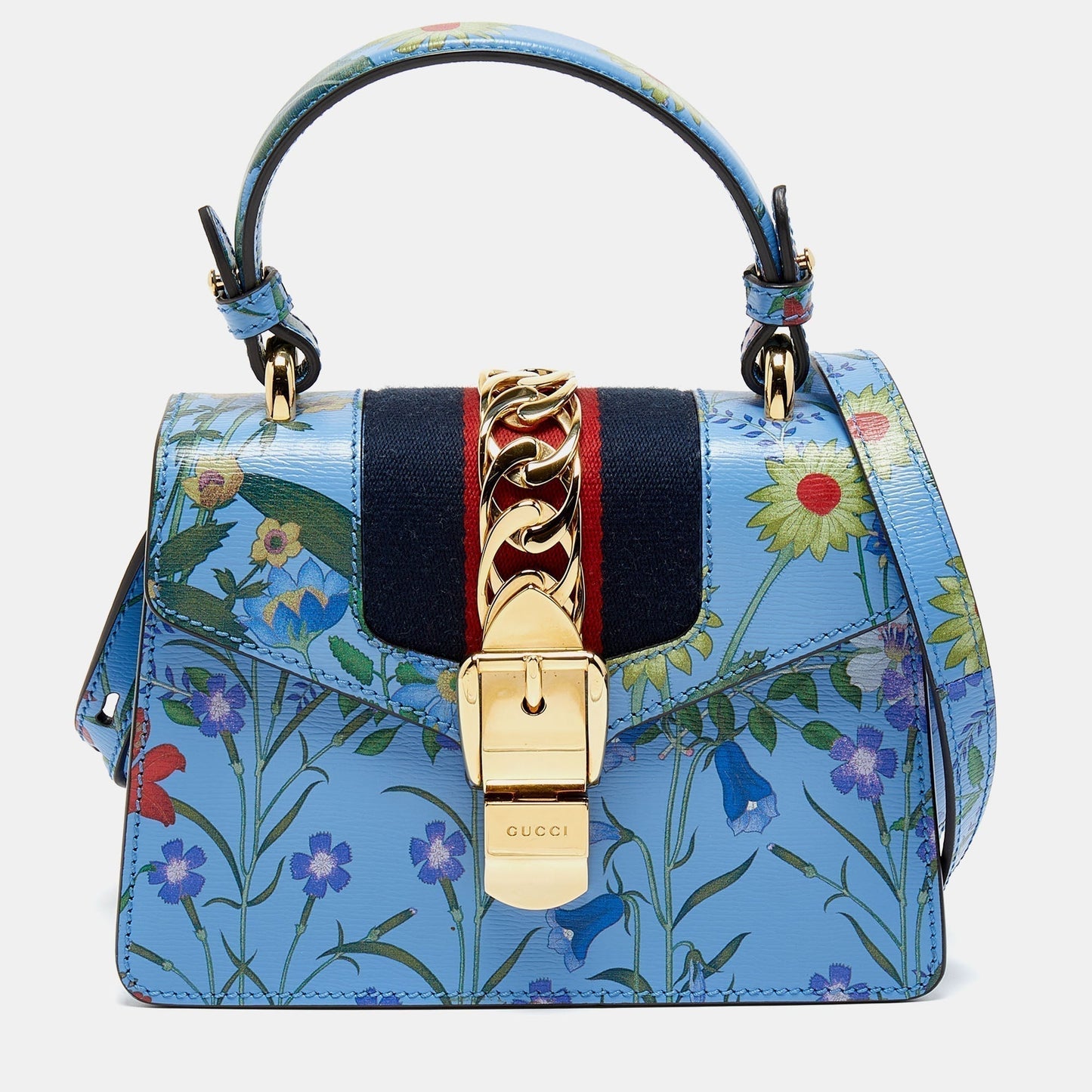 Luxury Gucci Trending 2025 Blue Floral Print Leather Mini Web Sylvie Top Handle Bag