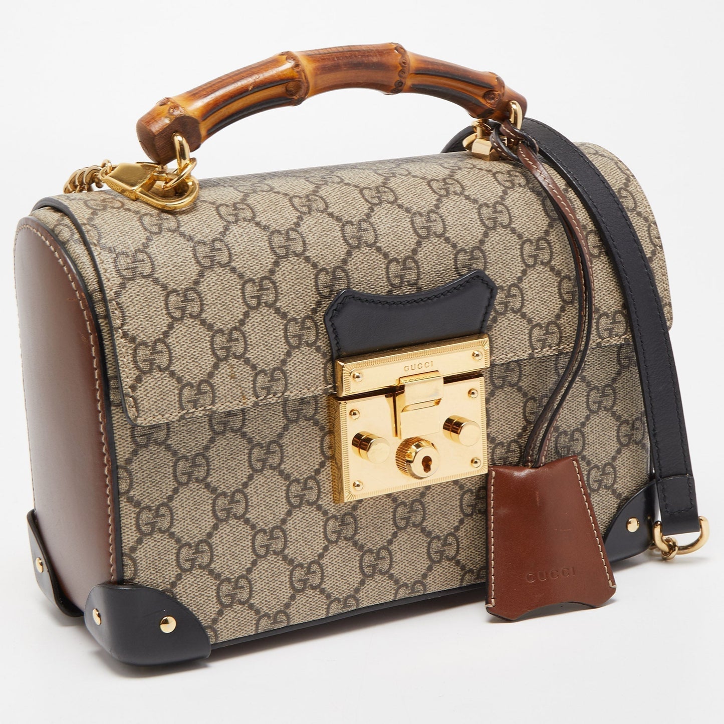 Luxury Gucci Trending 2025 Black/Beige GG Supreme Canvas Small Padlock Bamboo Top Handle Bag