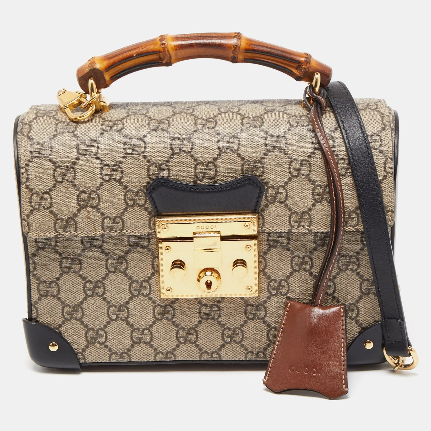Luxury Gucci Trending 2025 Black/Beige GG Supreme Canvas Small Padlock Bamboo Top Handle Bag
