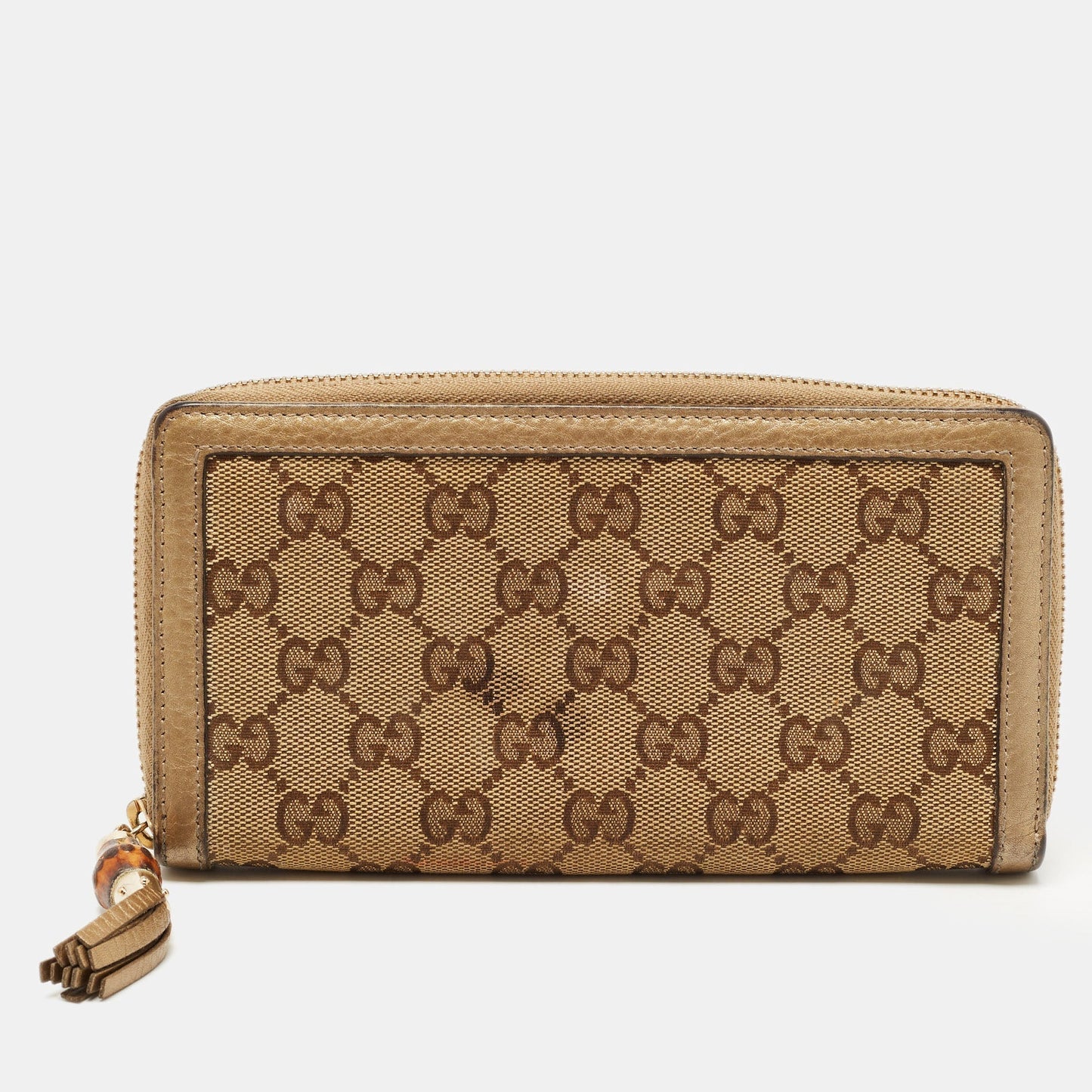 Luxury Gucci Beige GG Canvas and Leather Bamboo Tassel Zip Around Wallet