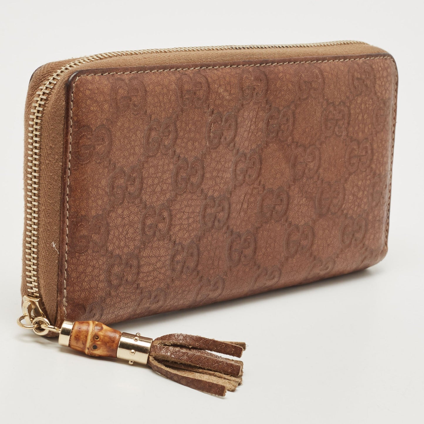 Luxury Gucci Trending 2025 Brown ssima Leather Bamboo Tassel Zip Around Wallet