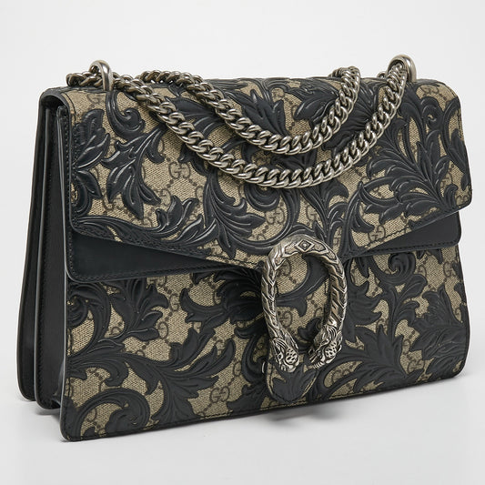 Luxury Gucci Trending 2025 Black/Beige GG Supreme Canvas and Leather Medium Dionysus Arabesque Shoulder Bag