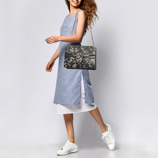 Luxury Gucci Trending 2025 Black/Beige GG Supreme Canvas and Leather Medium Dionysus Arabesque Shoulder Bag