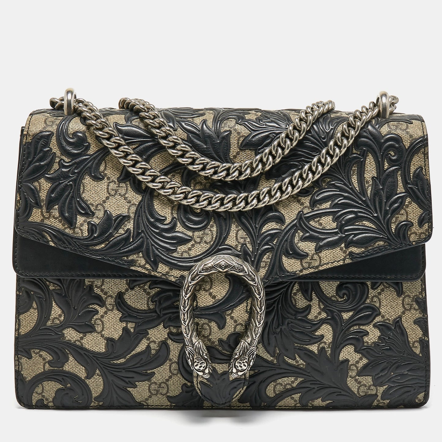 Luxury Gucci Trending 2025 Black/Beige GG Supreme Canvas and Leather Medium Dionysus Arabesque Shoulder Bag