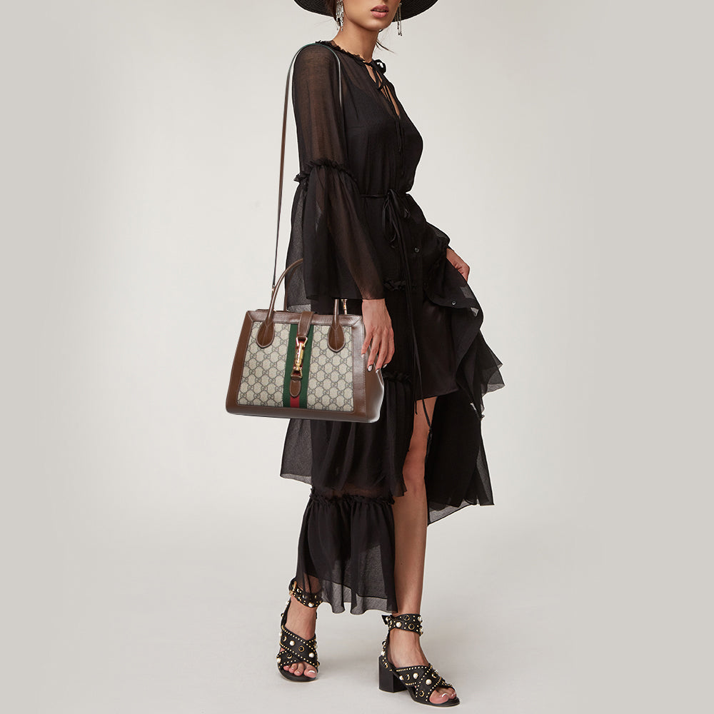 Luxury Gucci Trending 2025 Brown/Beige GG Supreme Canvas and Leather Medium Web Jackie 1961 Tote