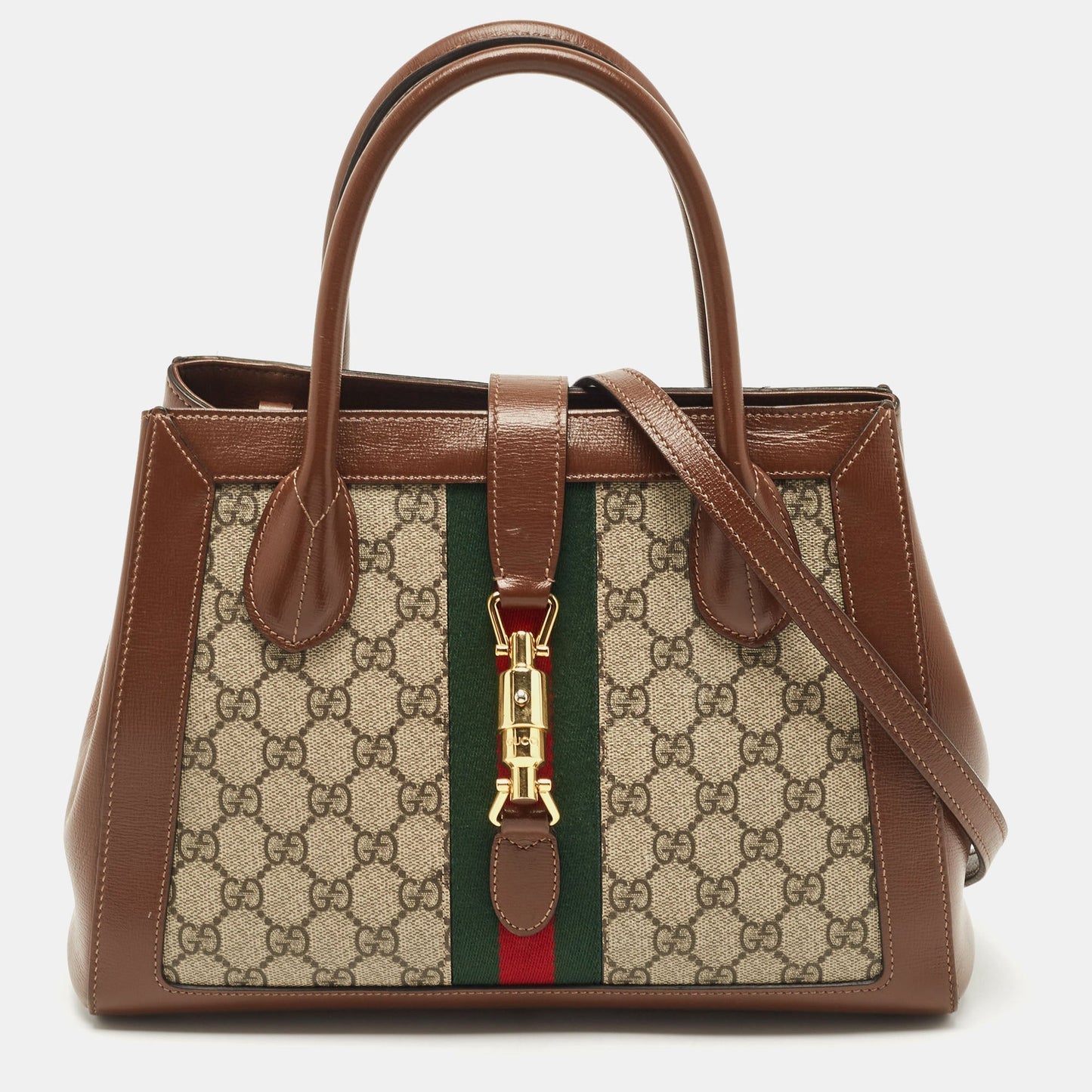 Luxury Gucci Trending 2025 Brown/Beige GG Supreme Canvas and Leather Medium Web Jackie 1961 Tote