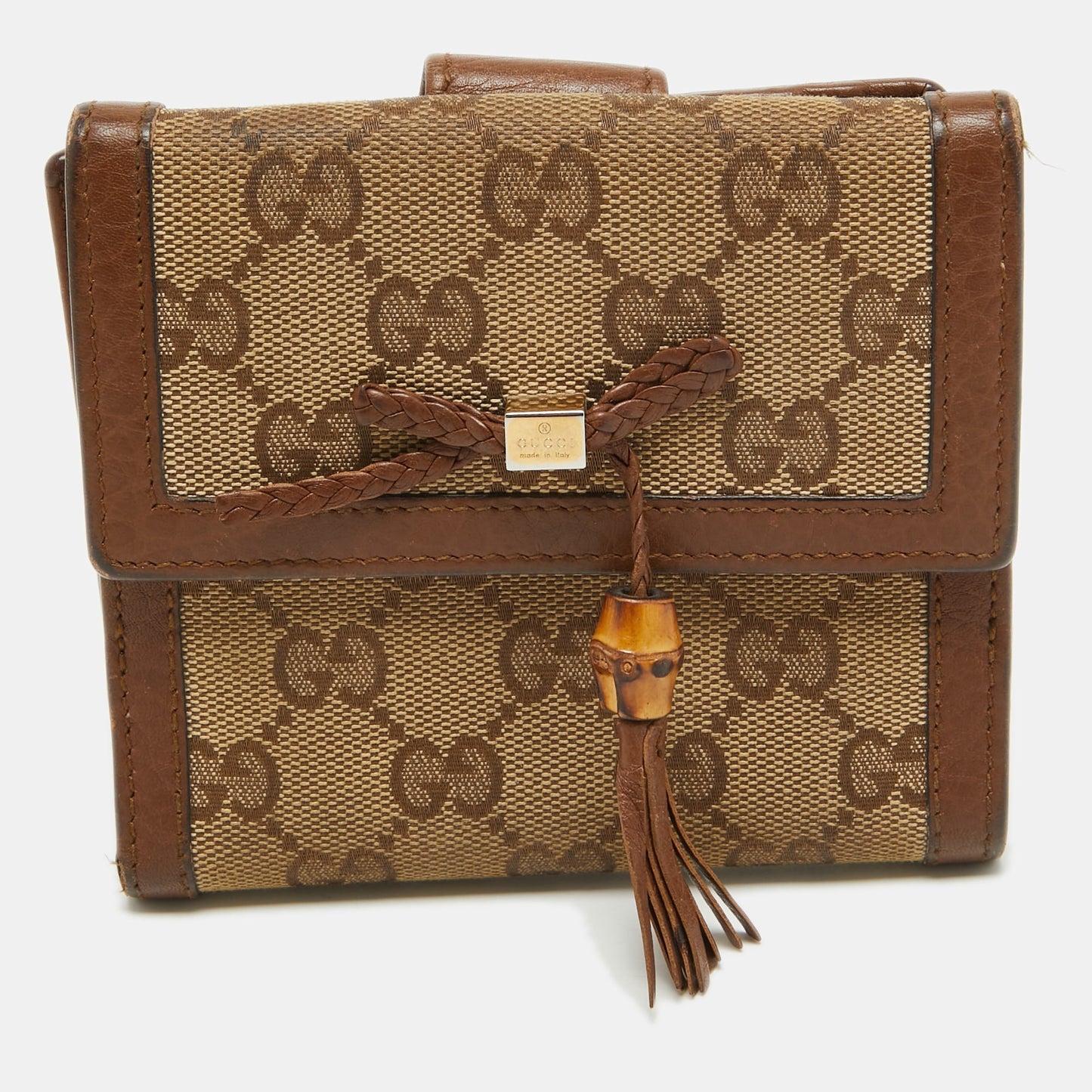 Luxury Gucci Trending 2025 Brown/Beige GG Canvas and Leather Bamboo Tassel Compact Wallet