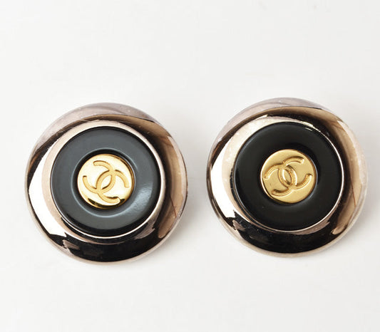 Chanel Vintage Earrings Coco Mark Circle Gold/Black/Silver