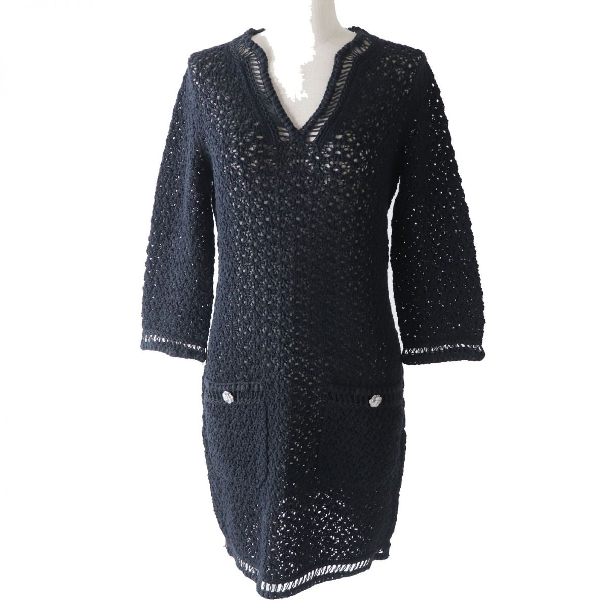 Chanel Camellia Button Knit Dress Black 34