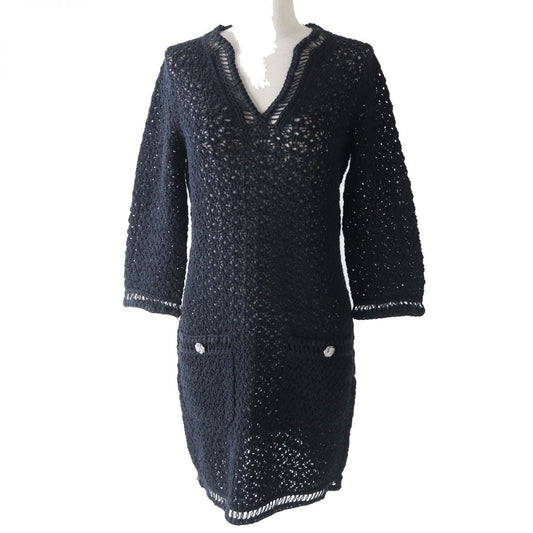 Chanel Camellia Button Knit Dress Black 34