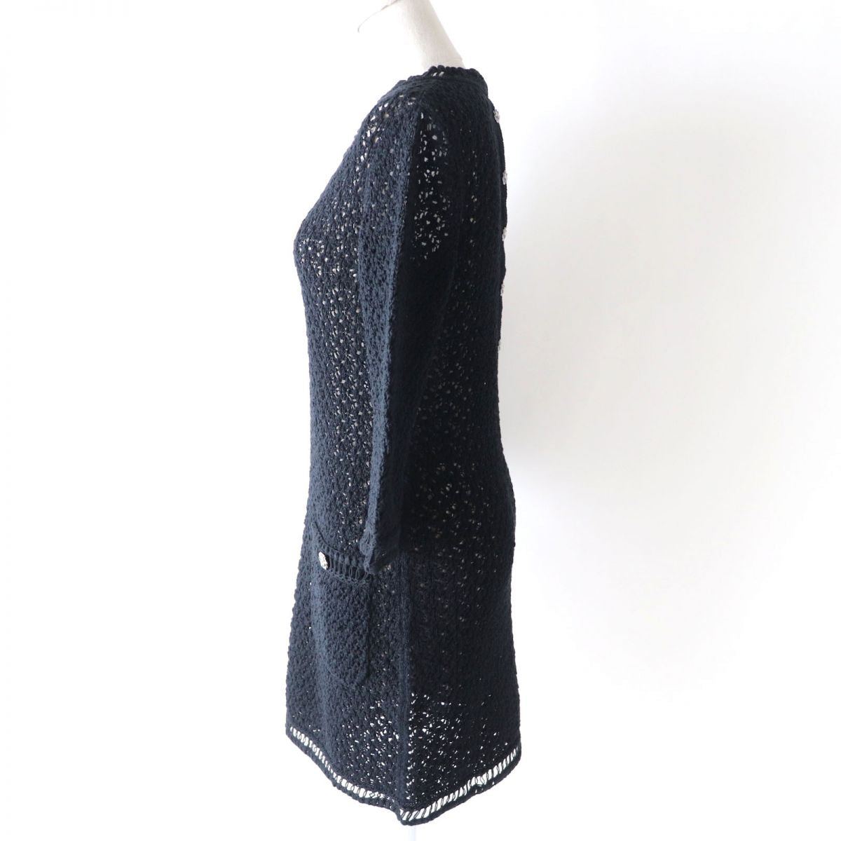 Chanel Camellia Button Knit Dress Black 34