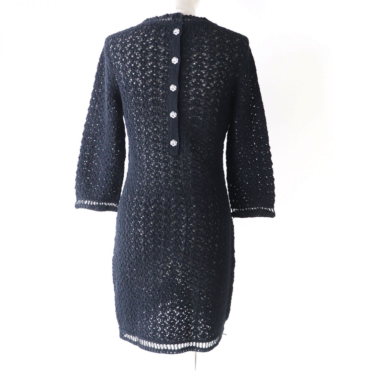 Chanel Camellia Button Knit Dress Black 34