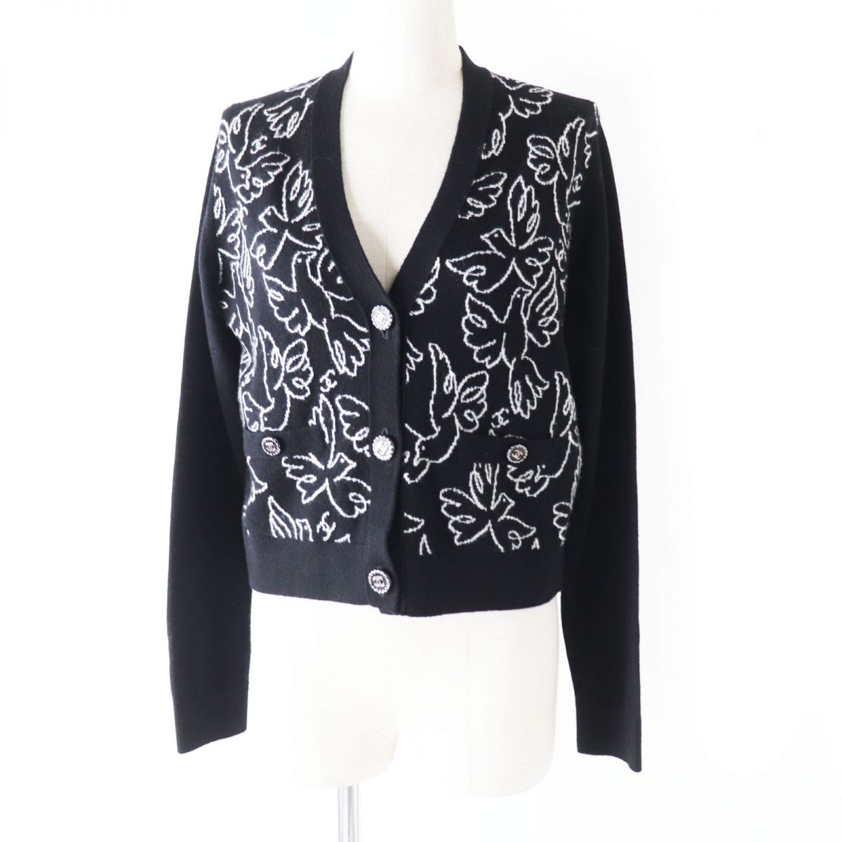 Chanel Cashmere Cardigan COCO Button Black White