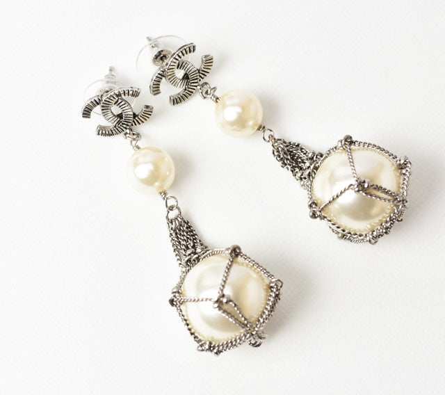 Chanel Silver Pearl Motif Earrings
