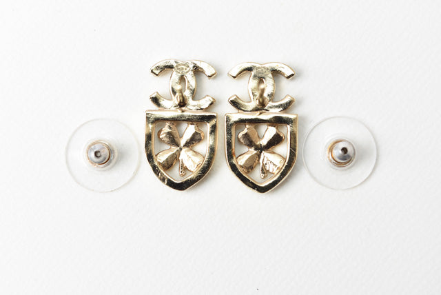 Chanel Earrings CC Mark Clover Motif Rhinestone Gold