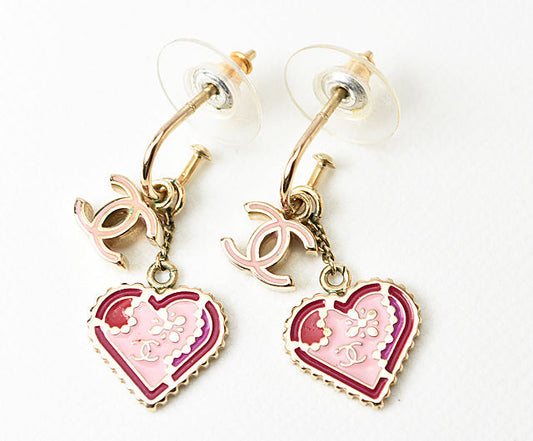 Chanel Resin Earrings CC Mark Heart Motif Pink/Gold
