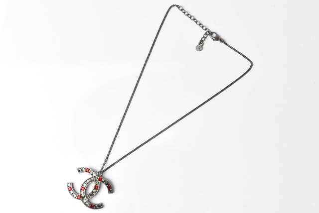 Chanel Necklace/Pendant, Metal, Rhinestone, Gunmetal/Red, W3.7×H2.8cm, 42cm