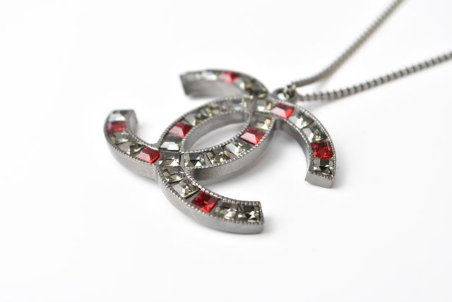 Chanel Necklace/Pendant, Metal, Rhinestone, Gunmetal/Red, W3.7×H2.8cm, 42cm