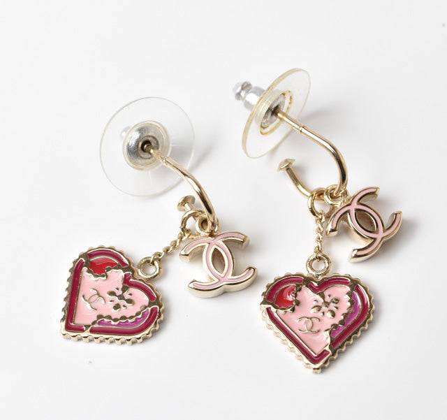 Chanel Swing Earrings CC Mark Heart Motif Pink Gold