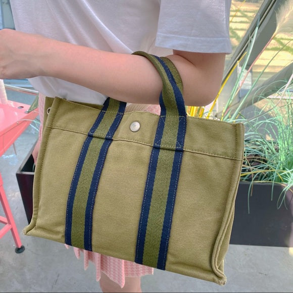 Luxury Hermes Green Canvas Fourre Tout PM Tote Bag
