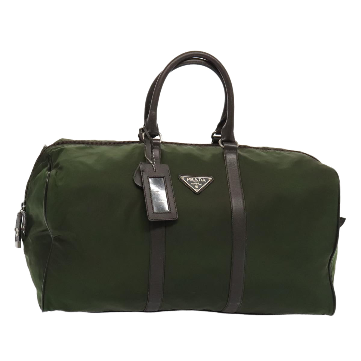 Luxury Prada Boston Bag Nylon Khaki Brown Silver  mr452