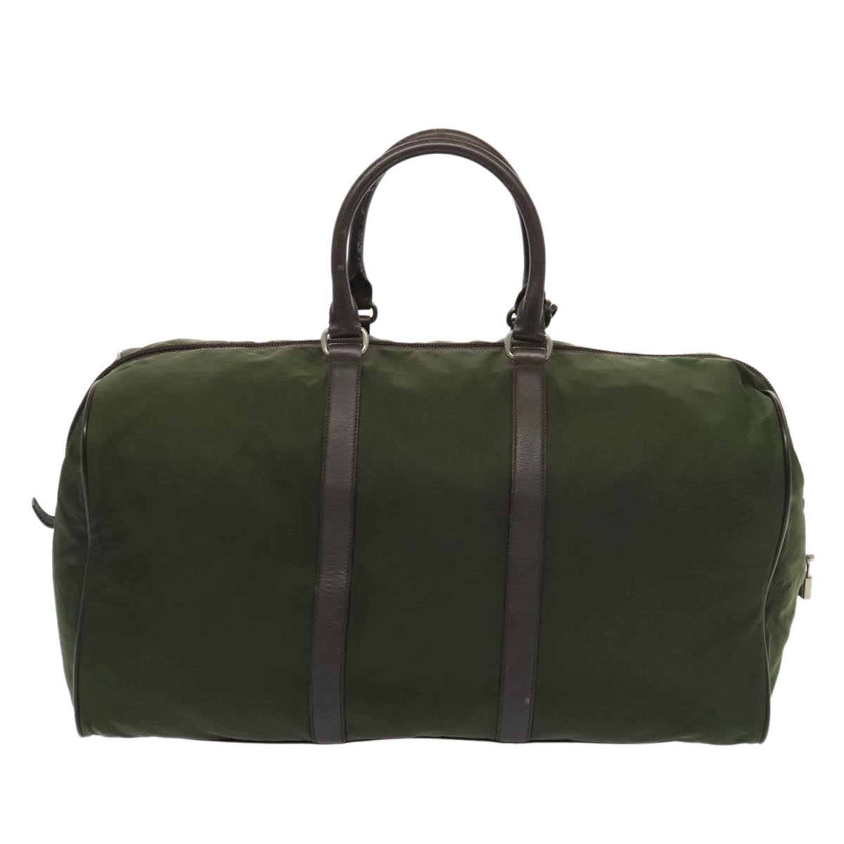 Luxury Prada Boston Bag Nylon Khaki Brown Silver  mr452