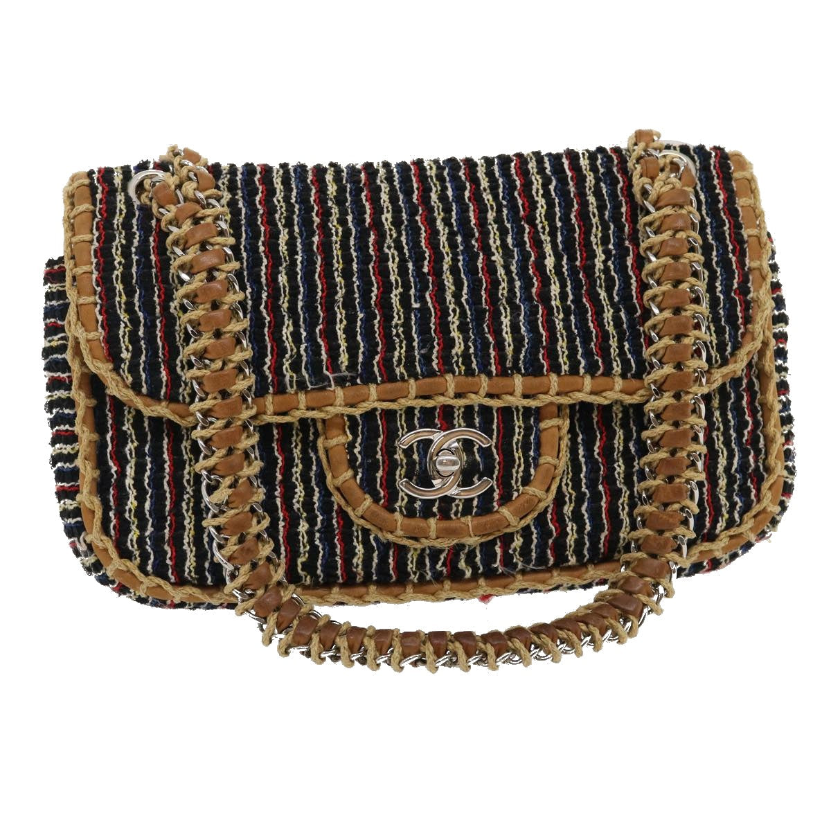 Luxury Chanel Matelasse Tweed Turn Lock Chain Shoulder Bag Navy Brown CC  nh616A