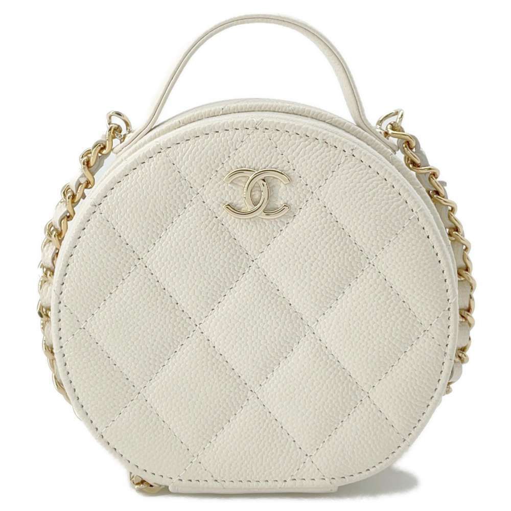 Chanel Caviar White  Top Handle Small Round Vanity Case Gold Hardware,