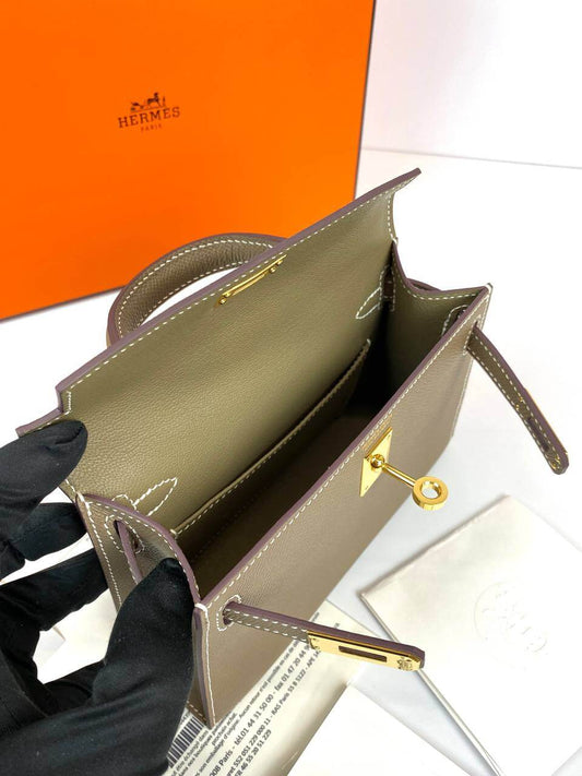 Luxury Hermes Kelly 20 Mini Sellier Bag Gray Epsom Gold Hardware