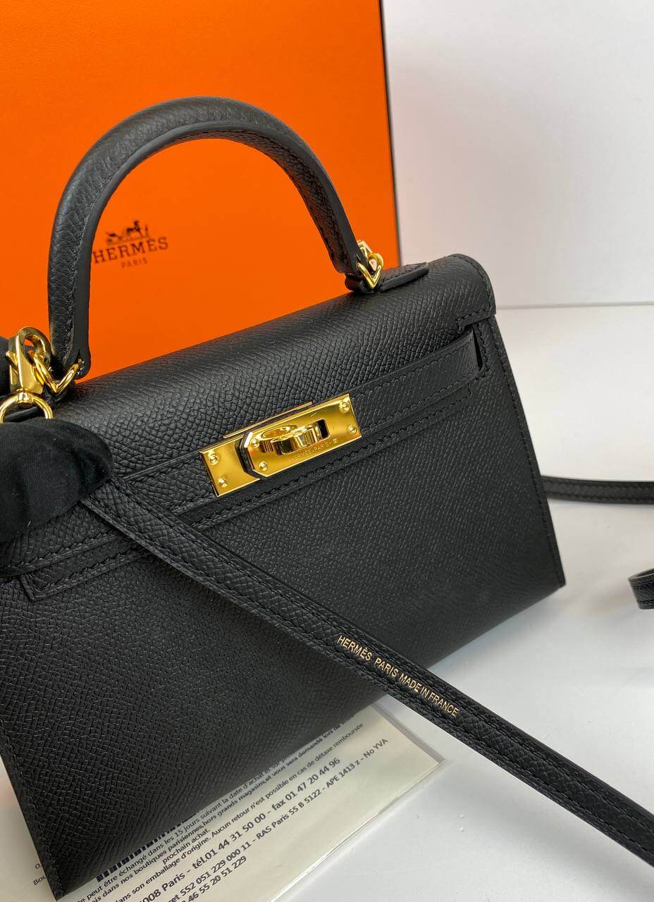 Luxury Hermes Kelly 20 Mini Sellier Bag Black Epsom Gold Hardware