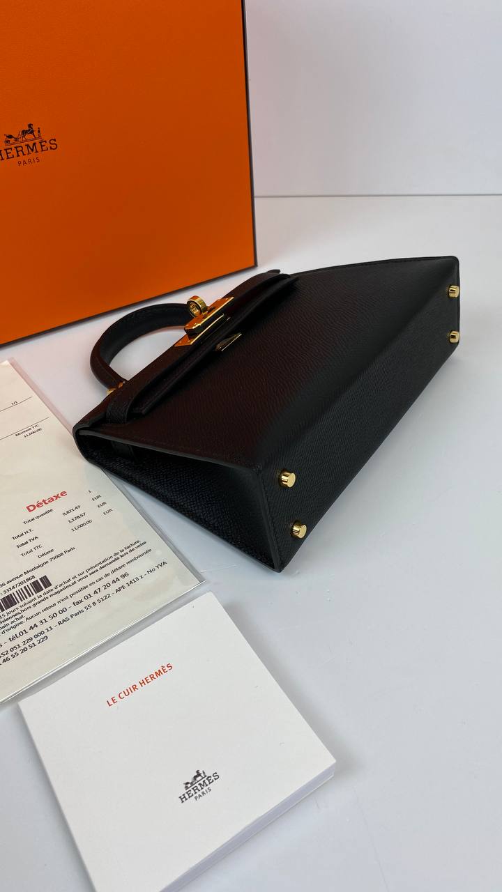 Luxury Hermes Kelly 20 Mini Sellier Bag Black Epsom Gold Hardware
