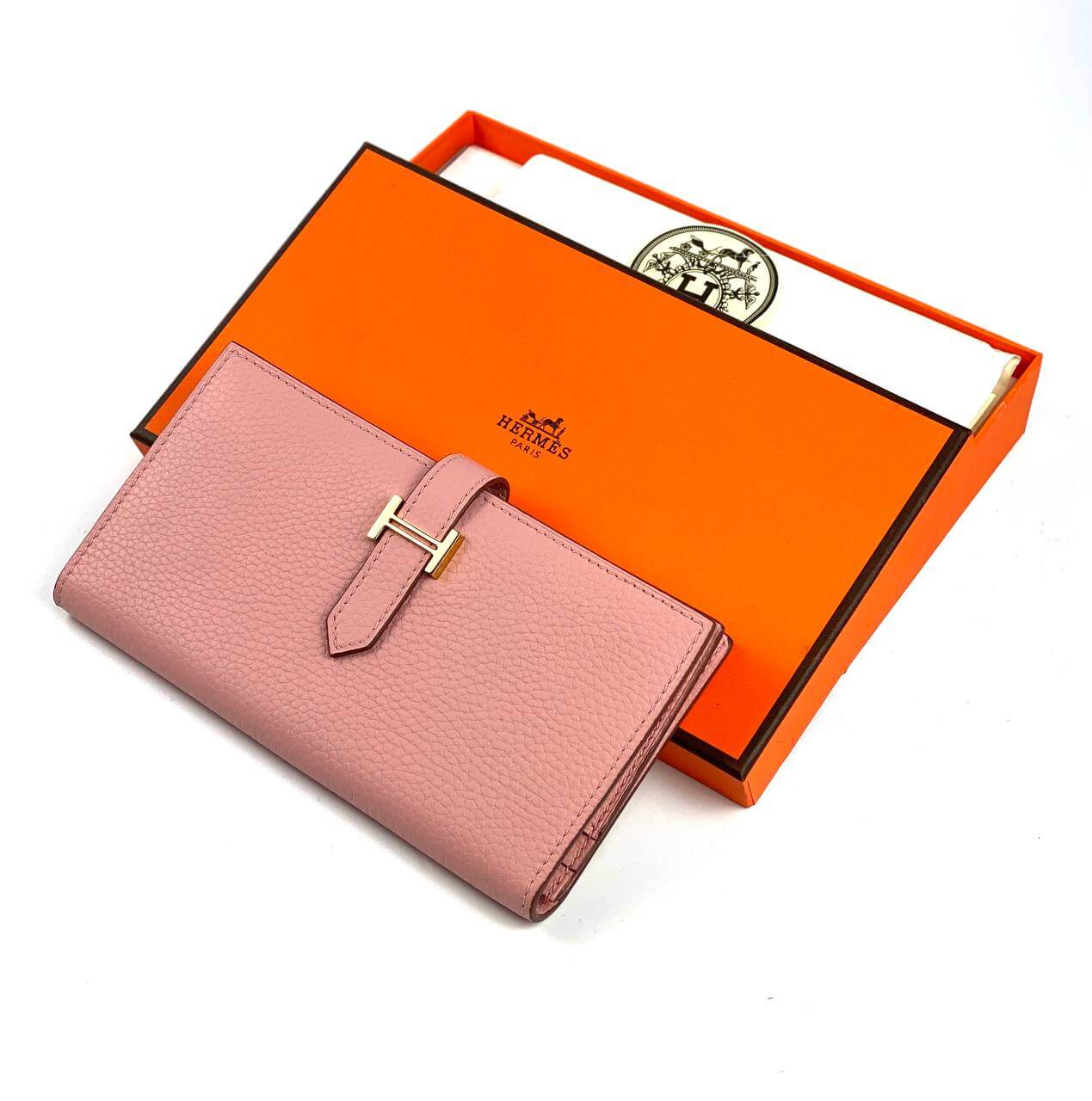 Luxury Hermes PINK Bearn Compact Wallet, Epsom Etoupe and Gold Hardware