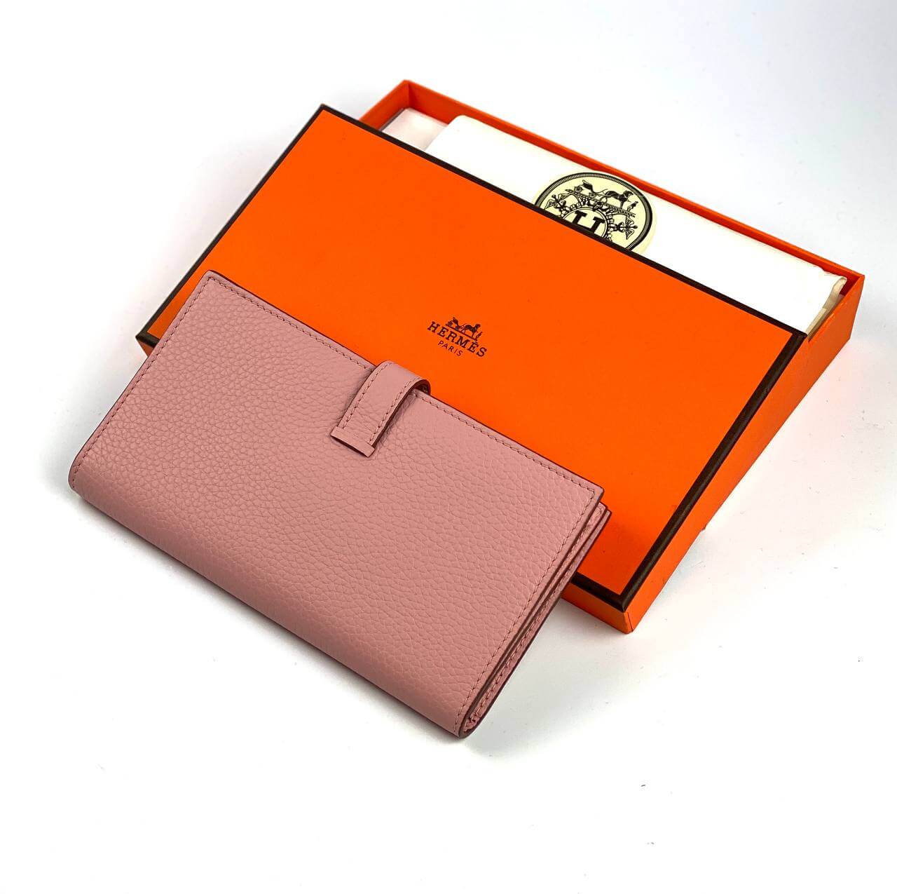 Luxury Hermes PINK Bearn Compact Wallet, Epsom Etoupe and Gold Hardware