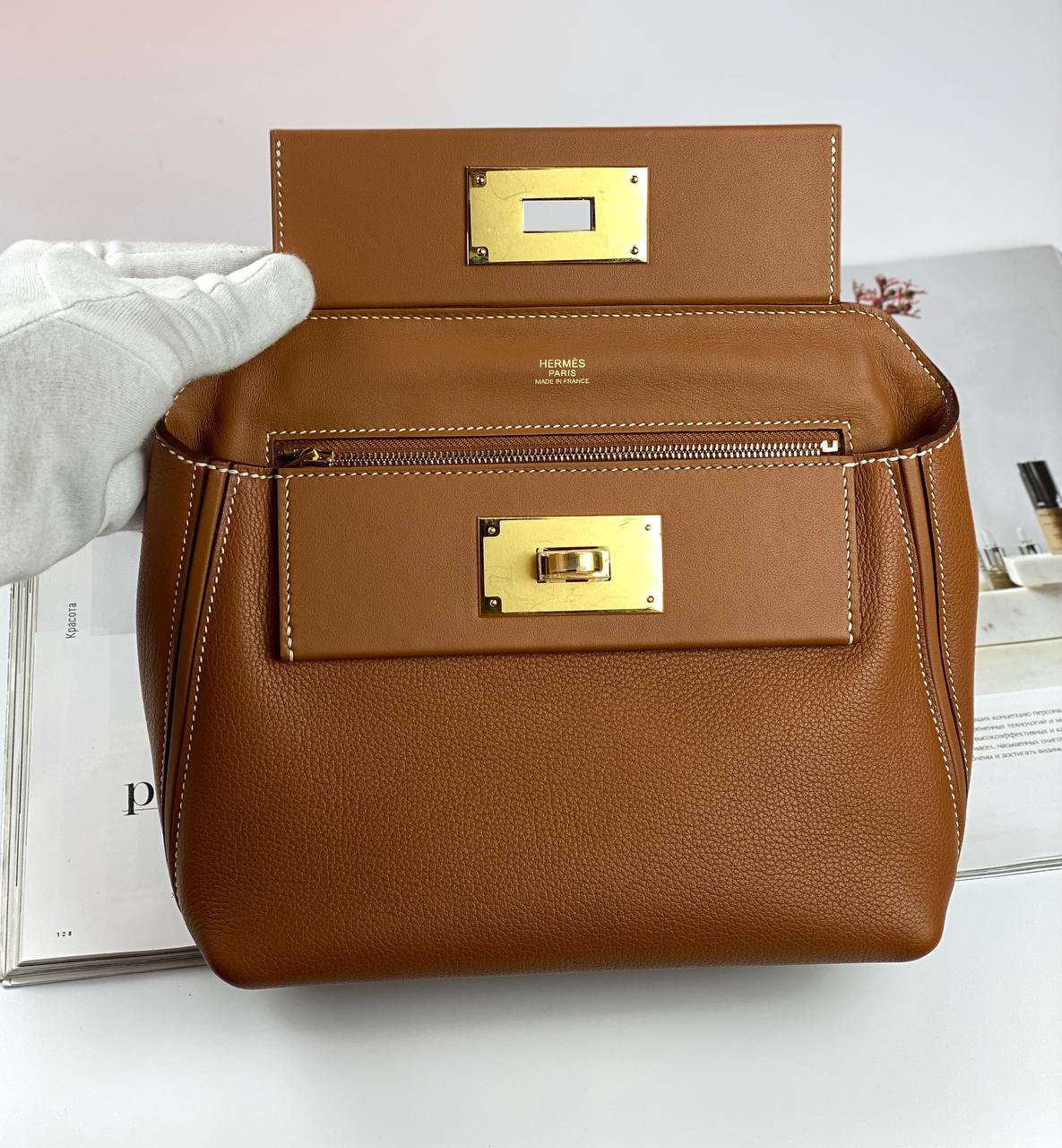 Luxury Hermes 24/24 Bag Evercolor with Swift 21  brown Gold Hardware