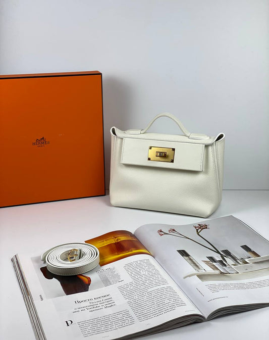 Luxury Hermes 24/24 Bag Evercolor with Swift 21  white Gold Hardware