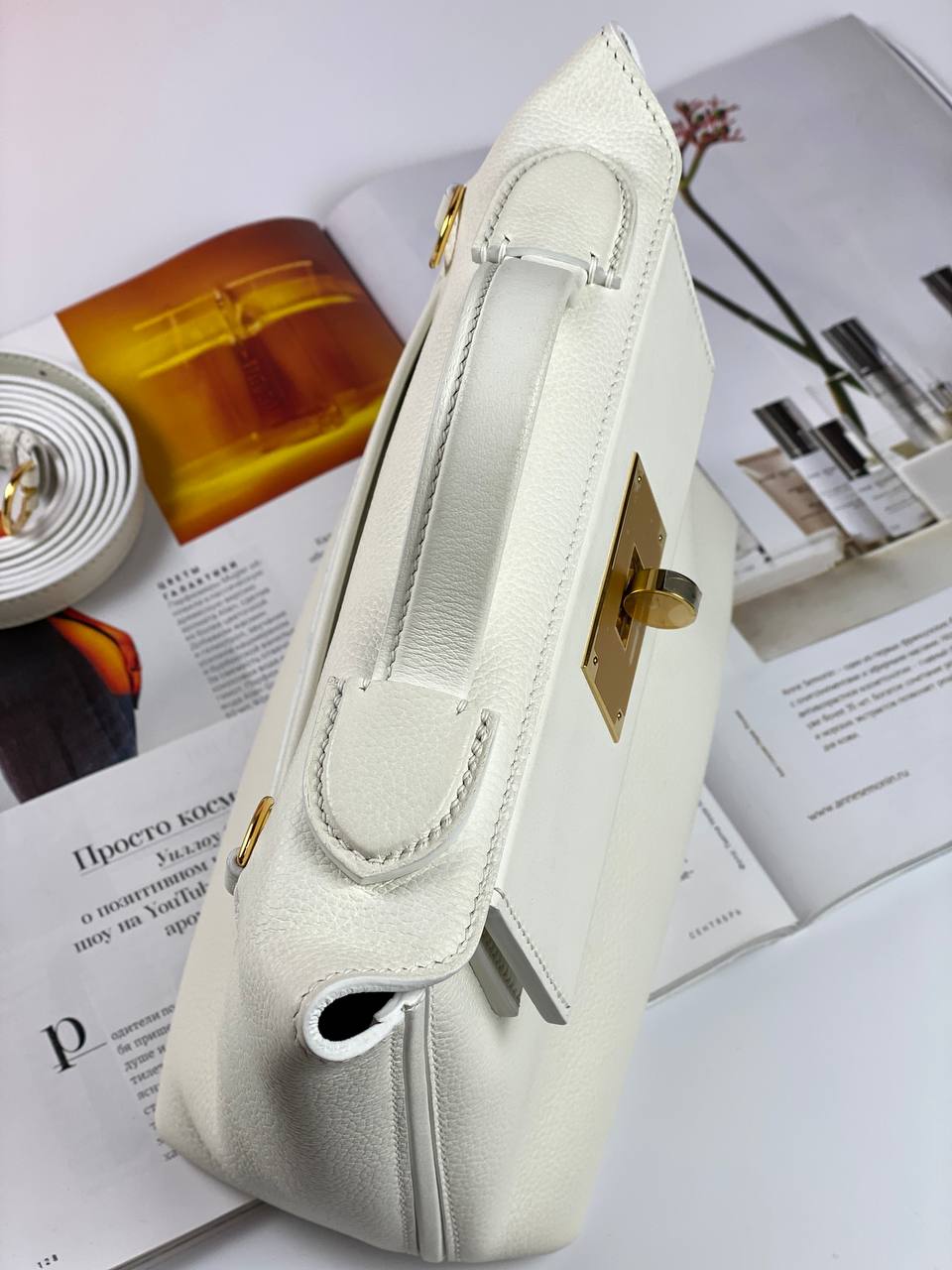 Luxury Hermes 24/24 Bag Evercolor with Swift 21  white Gold Hardware
