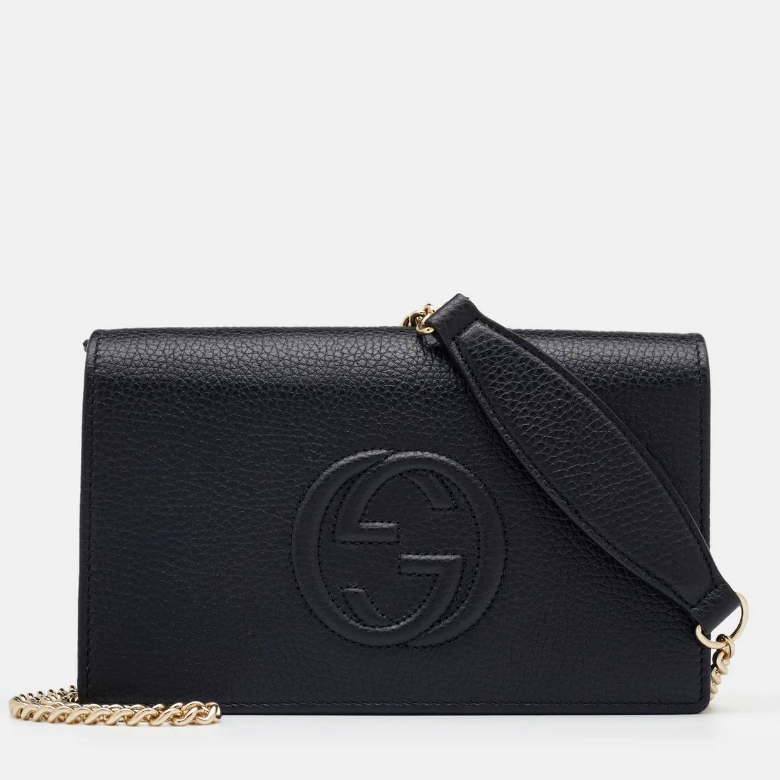 Luxury Gucci Trending 2025 Black Pebbled Leather Soho Wallet On Chain