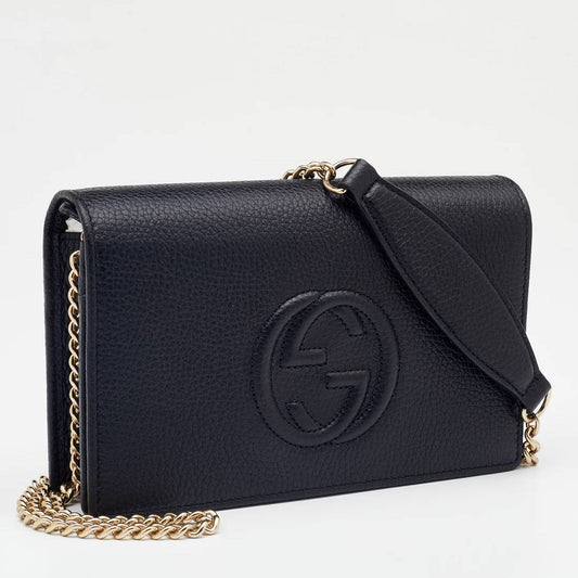 Luxury Gucci Trending 2025 Black Pebbled Leather Soho Wallet On Chain