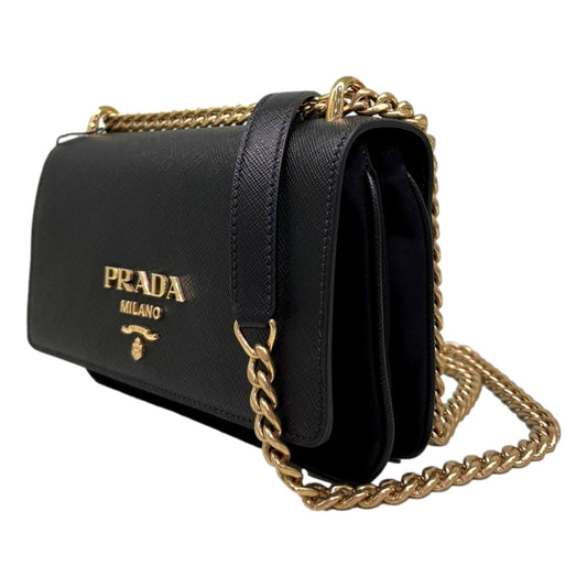 Luxury PradaPattina Black Leather and Nylon Flap Crossbody Bag