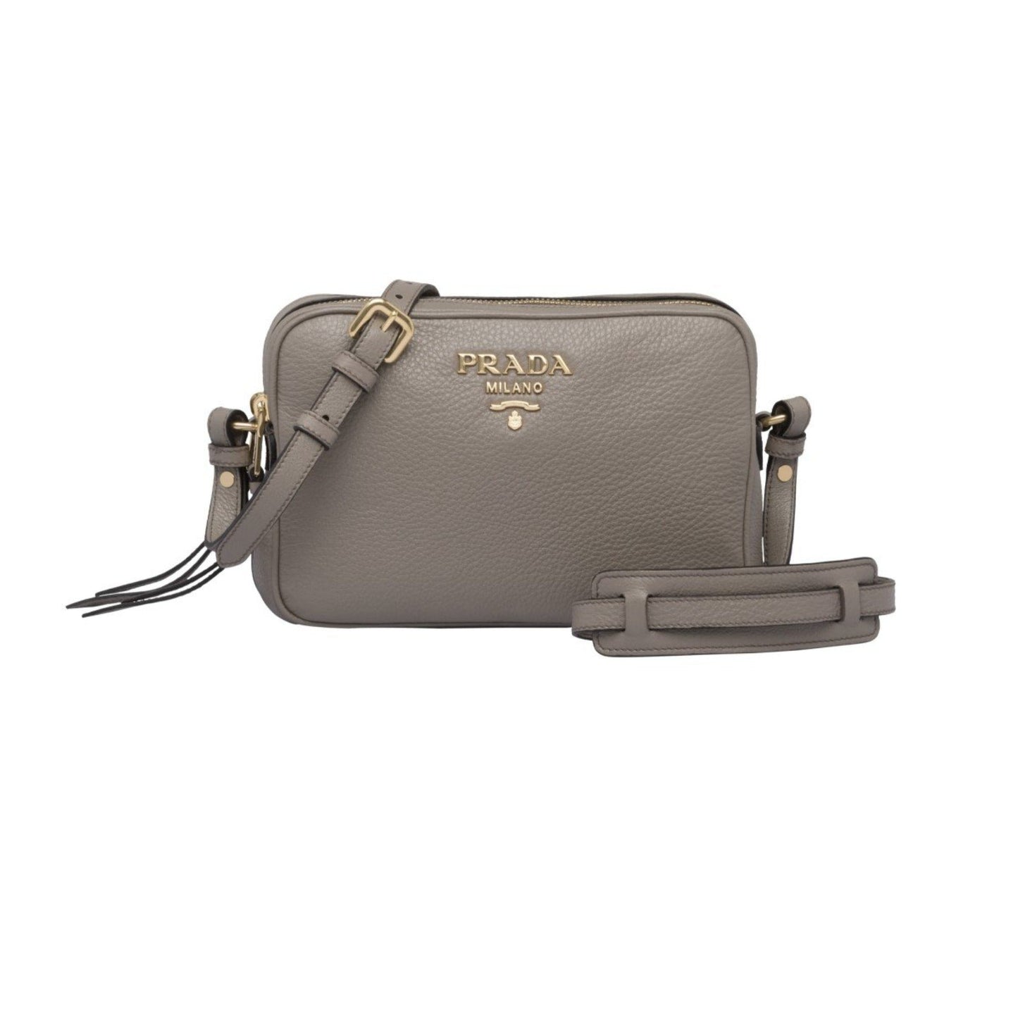 Luxury PradaArgilla Grey Vitello Phenix Leather Double Zip Cross Body Bag