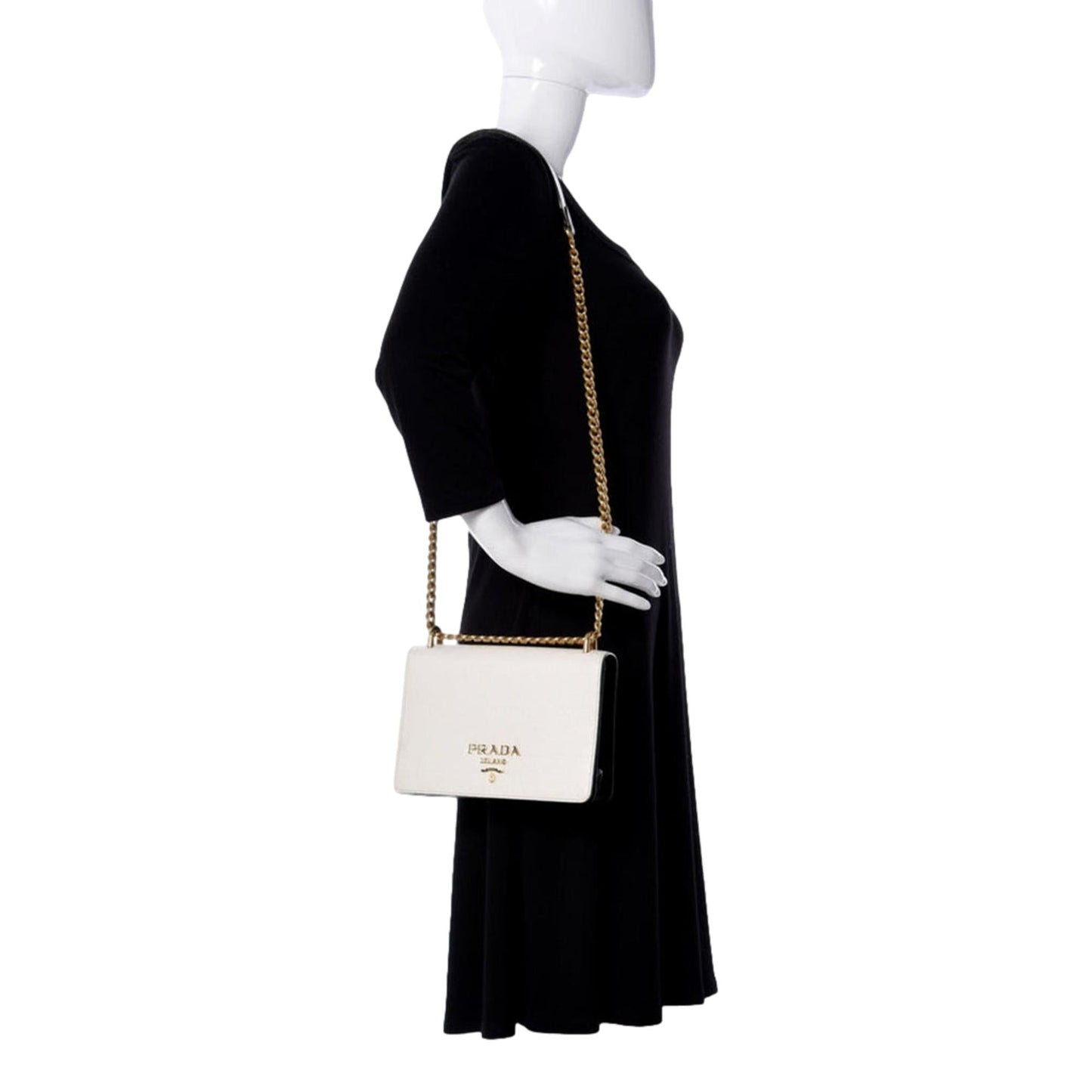 Luxury PradaBianco White Black Saffiano Leather Chain Crossbody Bag