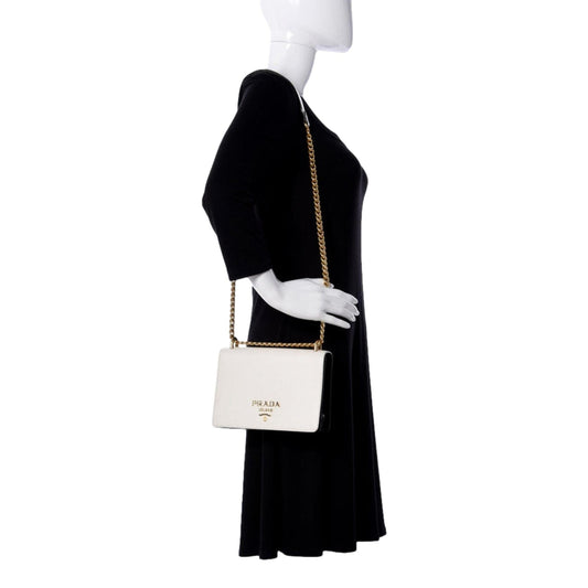 Luxury PradaBianco White Black Saffiano Leather Chain Crossbody Bag