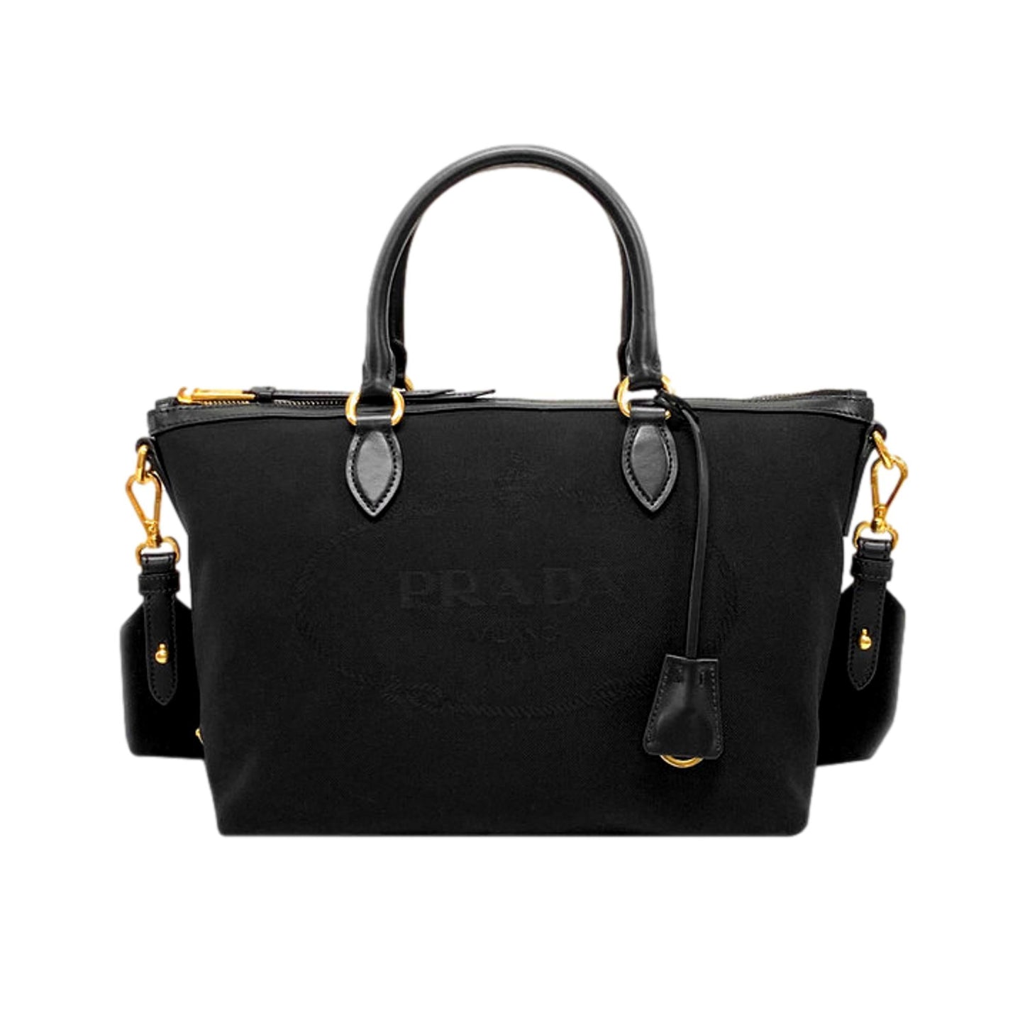 Luxury PradaBlack Canvas Jacquard Logo Leather Trim Small Satchel