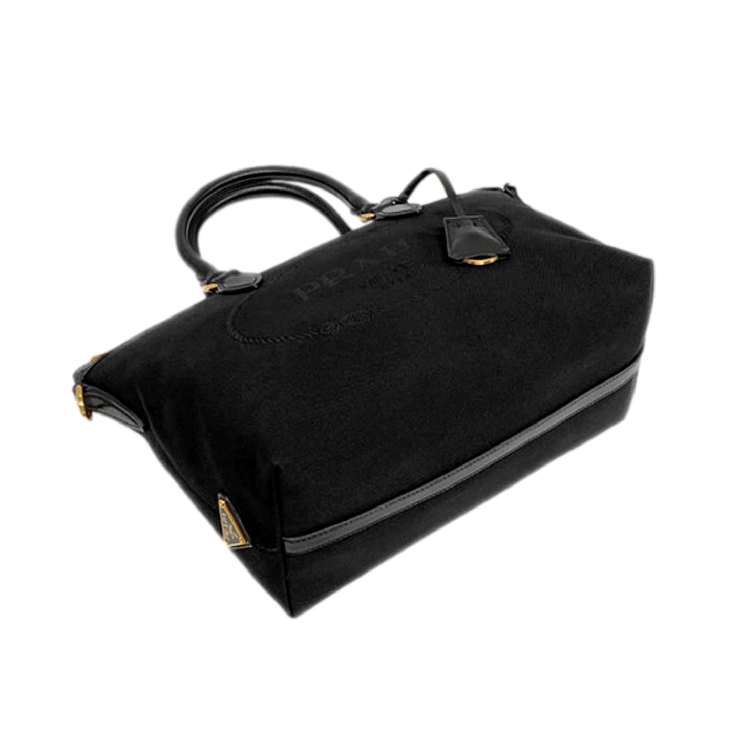 Luxury PradaBlack Canvas Jacquard Logo Leather Trim Small Satchel