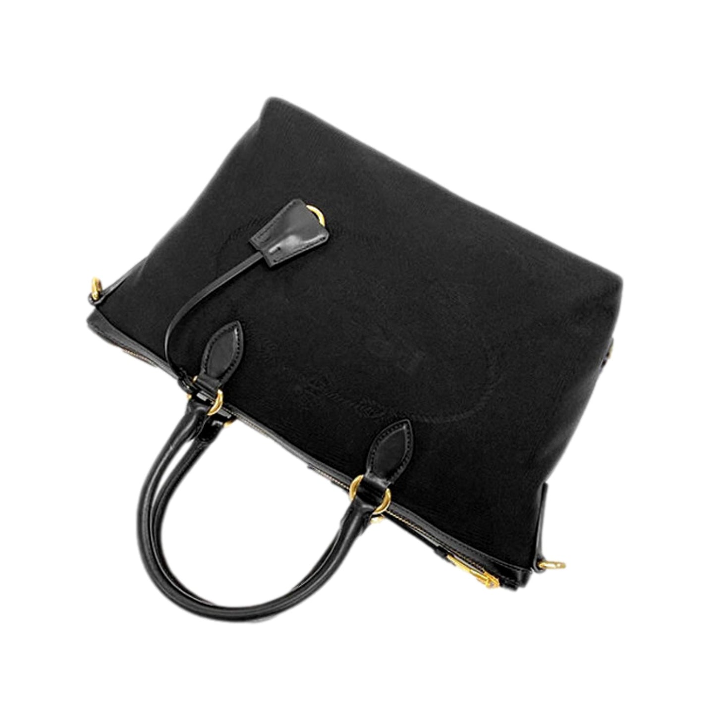 Luxury PradaBlack Canvas Jacquard Logo Leather Trim Small Satchel