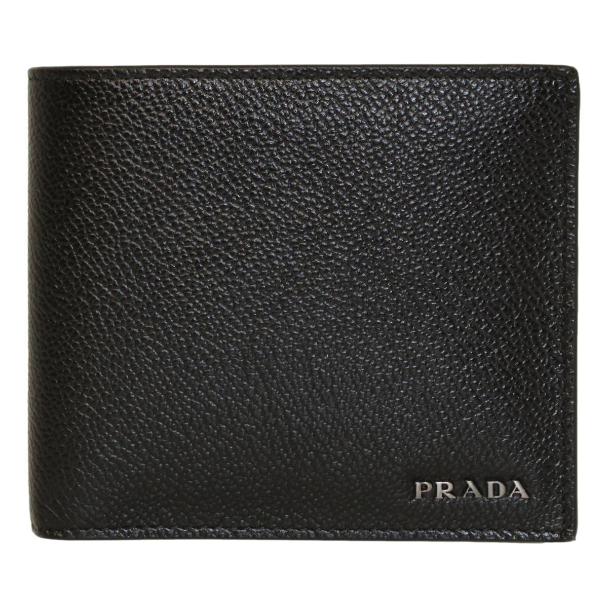 Luxury PradaBlack Navy Vitello Micro Grain Leather Bifold Wallet