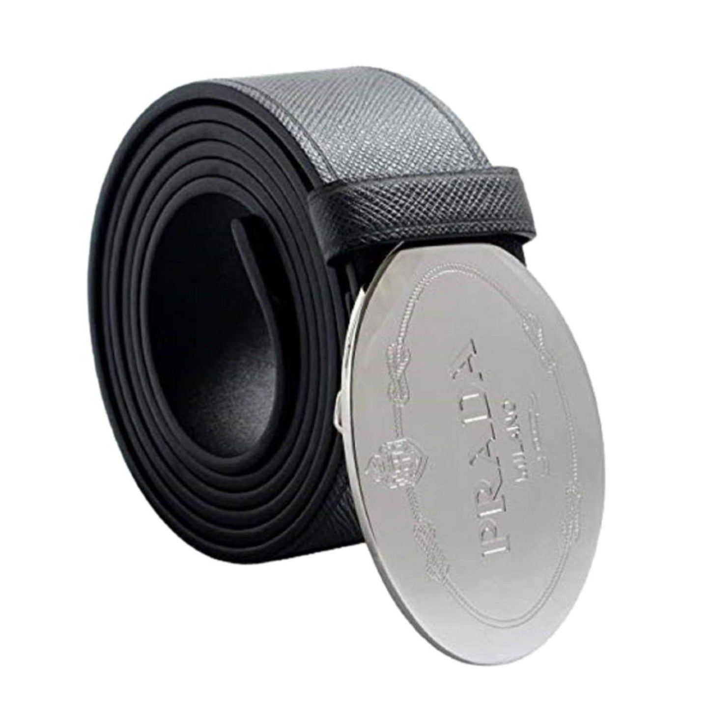 Luxury PradaBlack Saffiano Leather Engraved Oval Plaque Buckle Belt 110/44