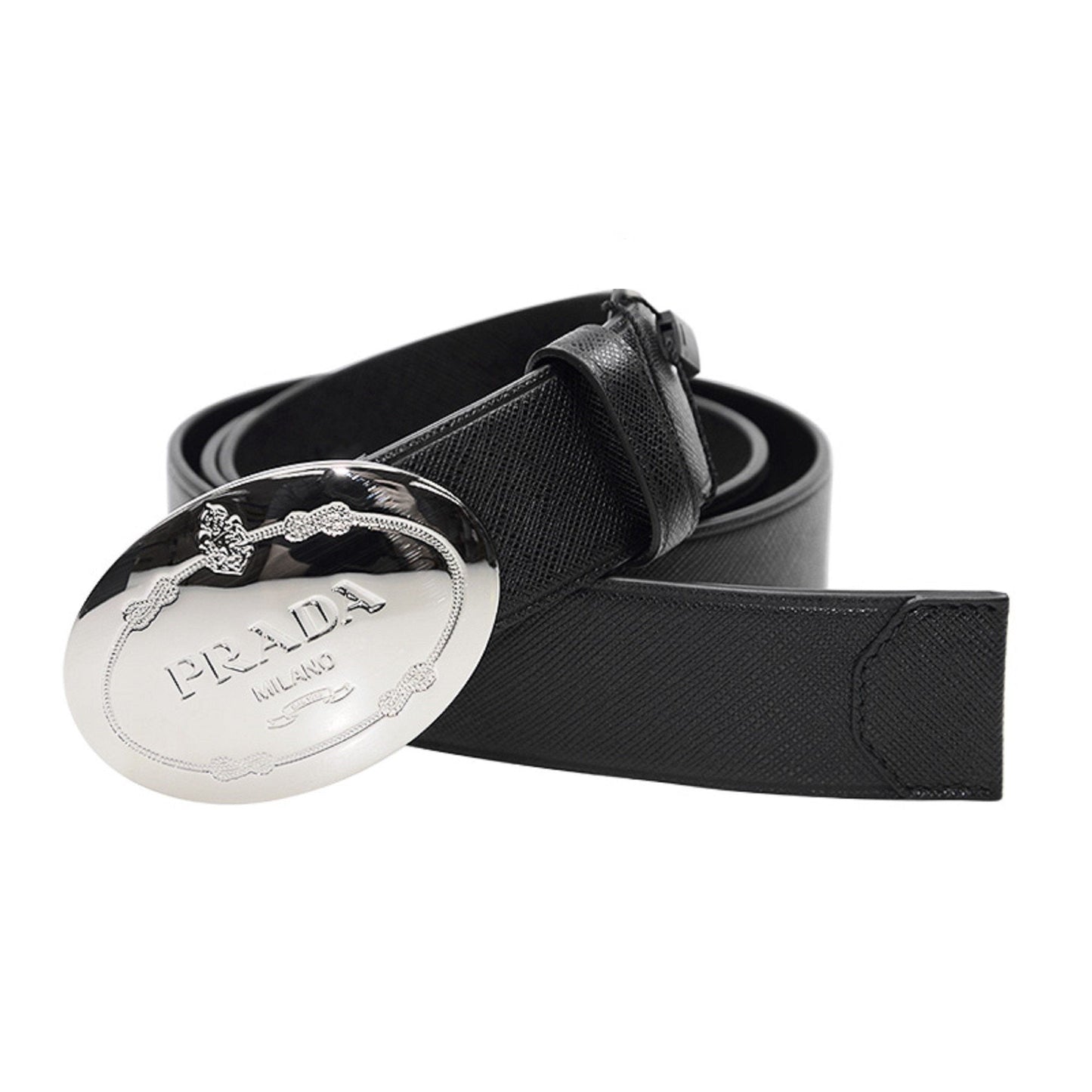 Luxury PradaBlack Saffiano Leather Engraved Oval Plaque Buckle Belt 110/44